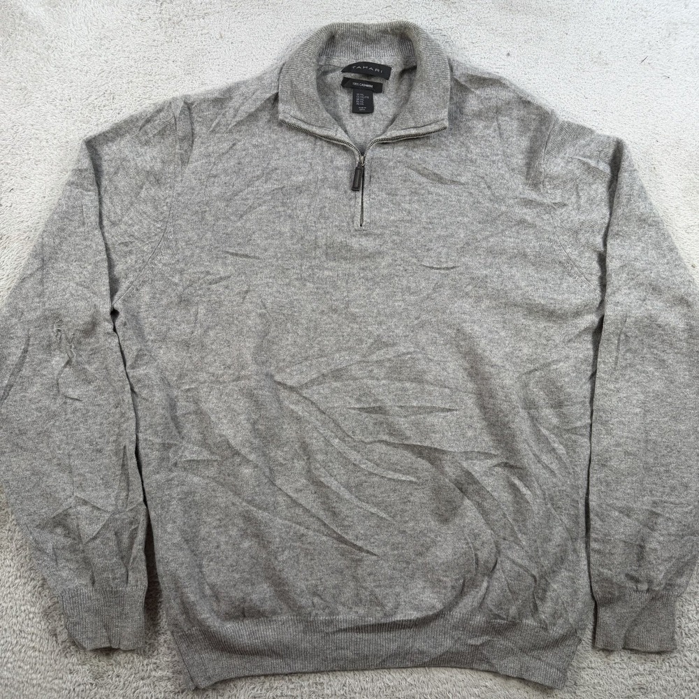 Tahari Sweater Mens 2XL Grey 100% Cashmere 1/4 Zip Pullover Soft Lightweight